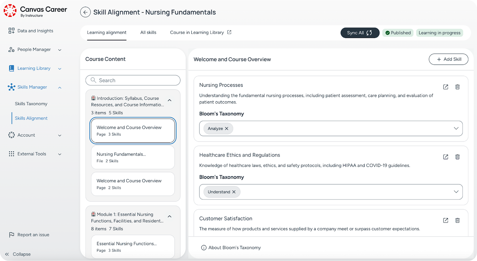Skill-level alignment mapping course content to competency progress graphs
